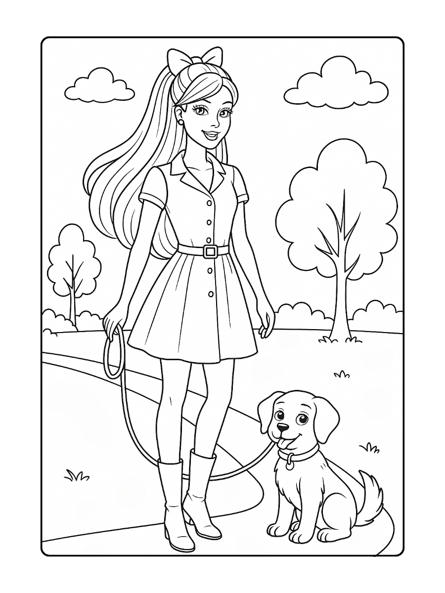 Kleurplaat Barbie met hond aan haar zijde, klaar om te wandelen