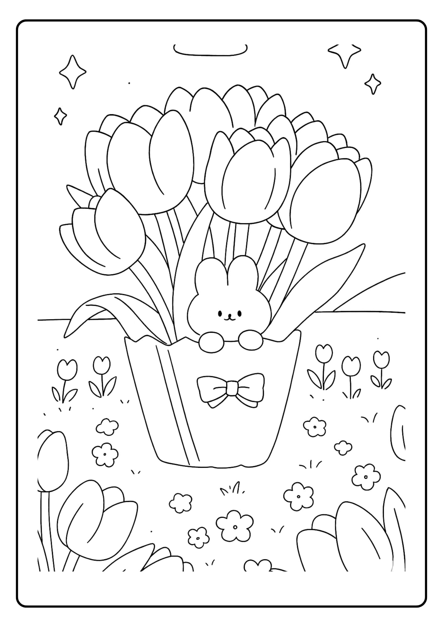 Beer staat in een veld vol tulpen