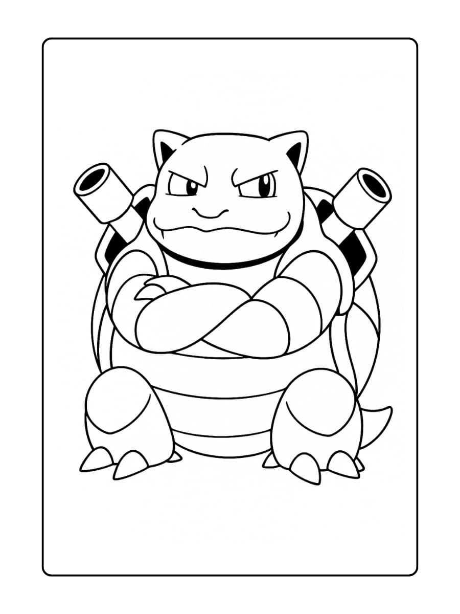 Blastoise zit met gekruiste armen en een zelfverzekerde blik