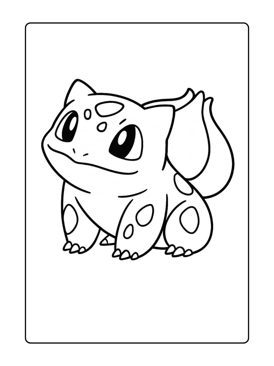 Bulbasaur kijkt nieuwsgierig omhoog met zijn oren iets naar voren