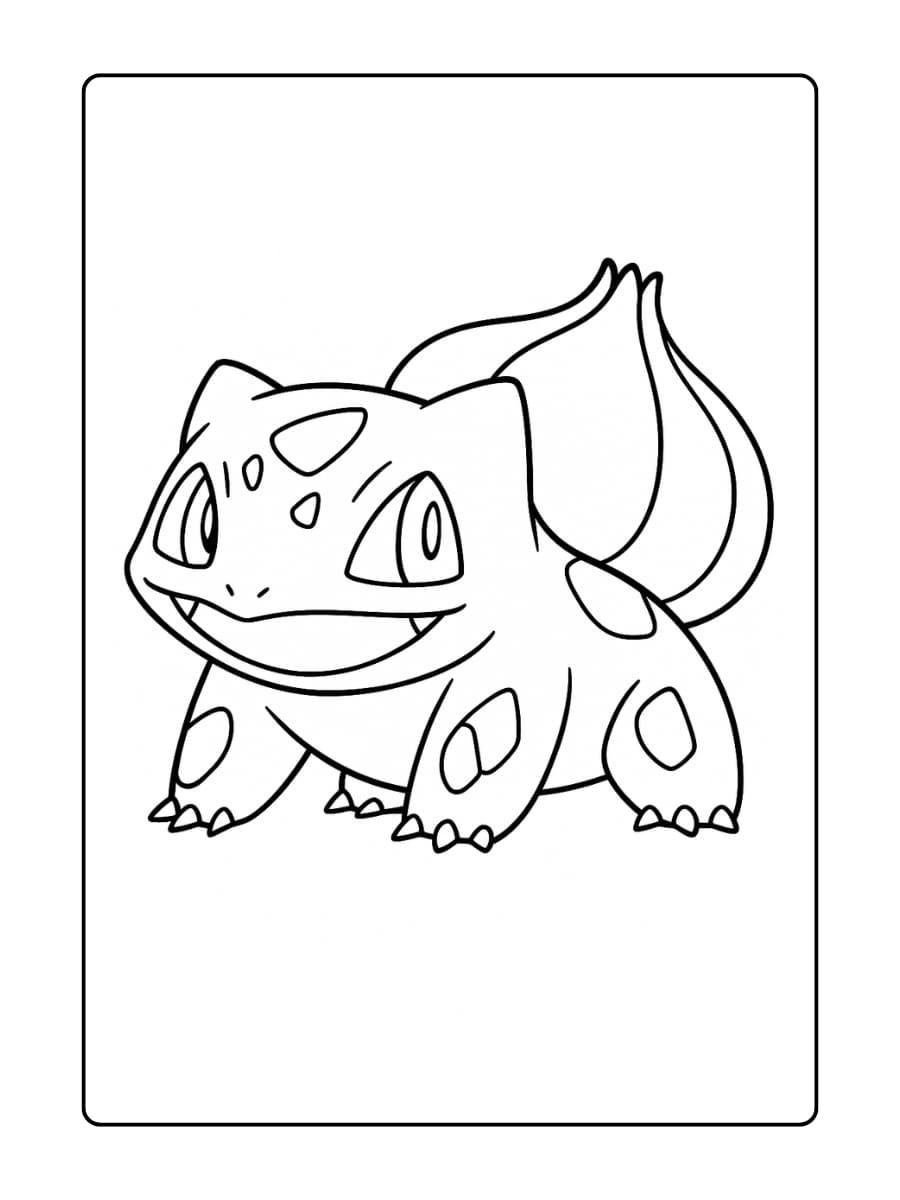 Bulbasaur staat stevig met zijn bol naar boven gericht en poten wijd