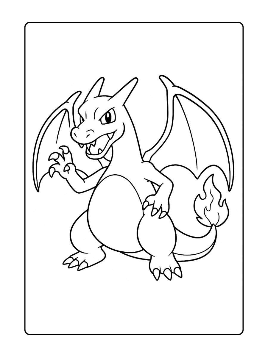 Kleurplaat Charizard houdt één klauw omhoog alsof hij zich klaarmaakt voor een aanval
