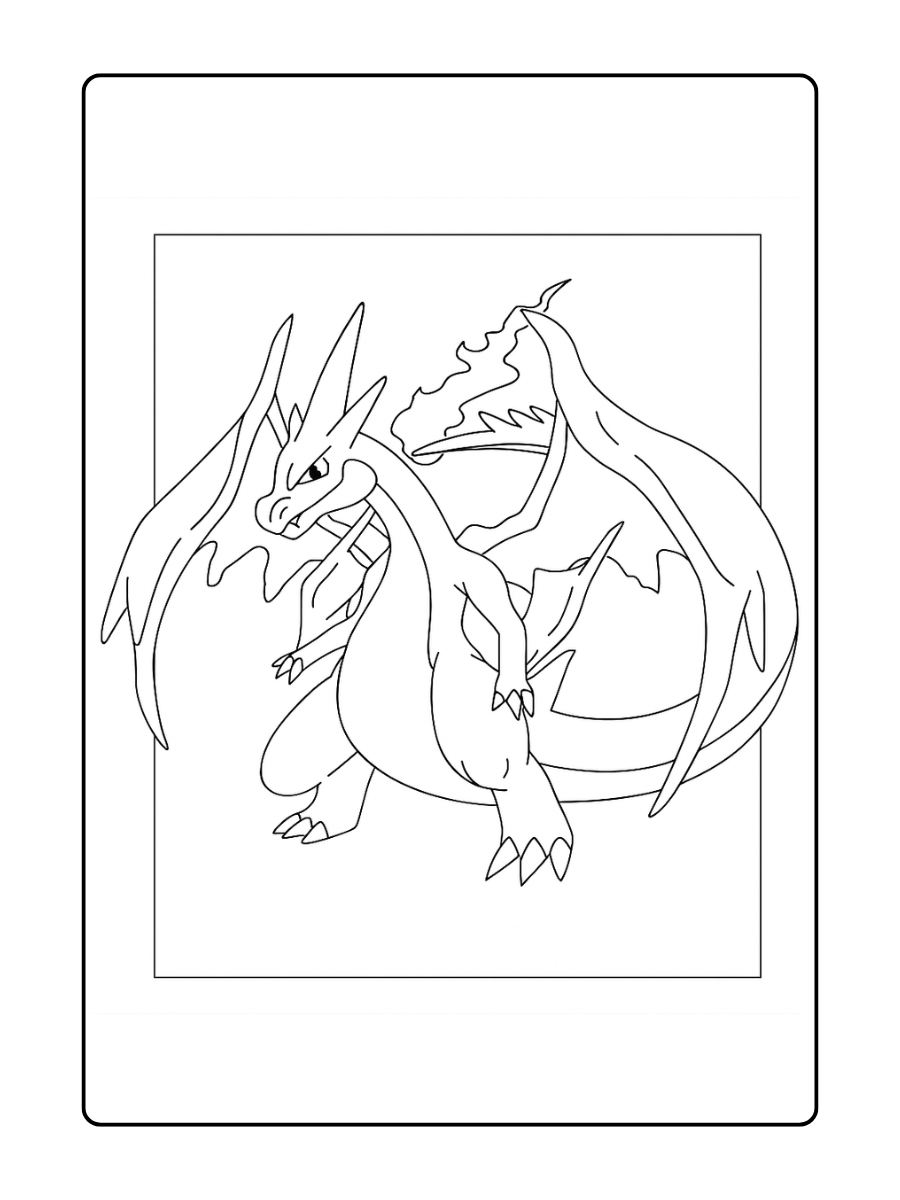 Kleurplaat Charizard staat krachtig en klaar om vuur te spuwen, met zijn vleugels wijd gespreid in een stoere houding