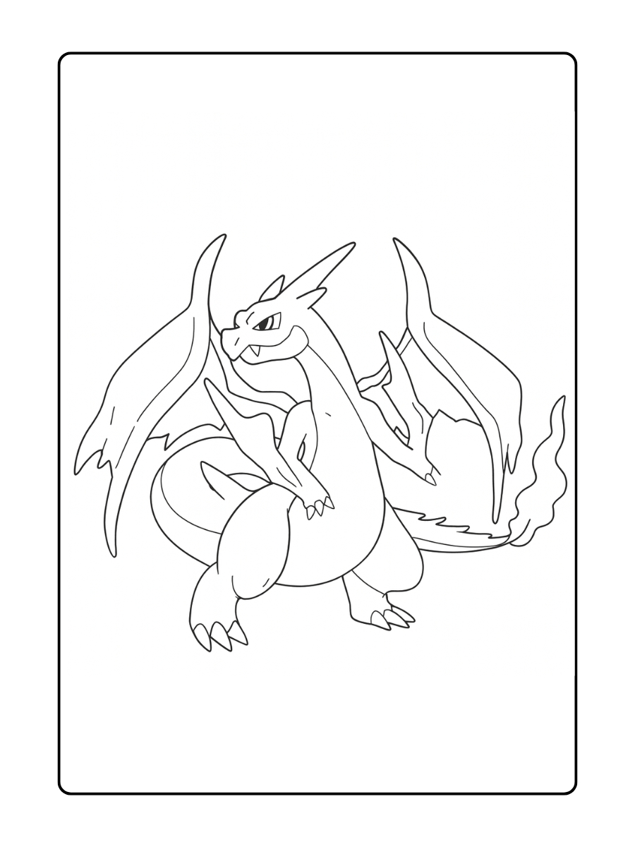 Kleurplaat Charizard staat krachtig met gespreide vleugels en een vurige staart, klaar om te vechten