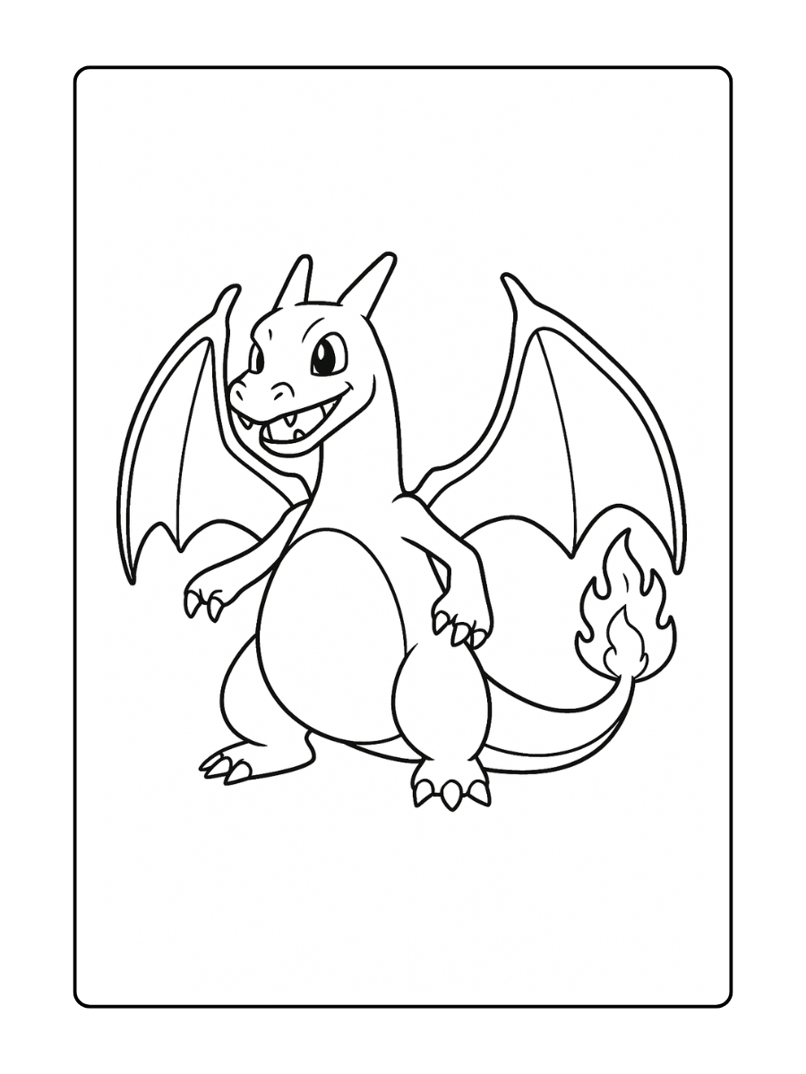 Kleurplaat Charizard staat met gespreide vleugels en vuur aan het uiteinde van zijn staart (2)
