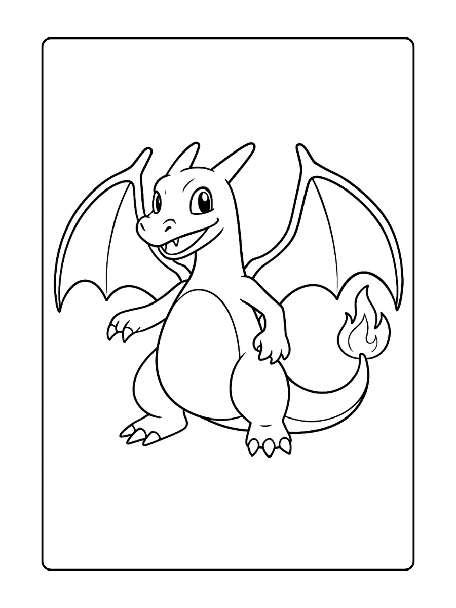 Kleurplaat Charizard staat met gespreide vleugels en vuur aan het uiteinde van zijn staart