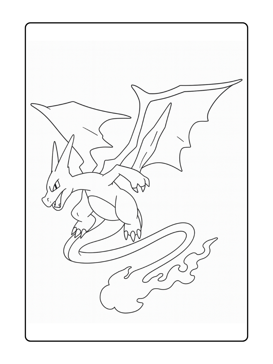 Kleurplaat Charizard vliegt krachtig door de lucht met vurige staart achter zich aan