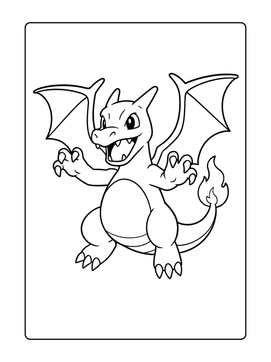 Kleurplaat Charizard vliegt omhoog met zijn vleugels wijd en klauwen naar voren