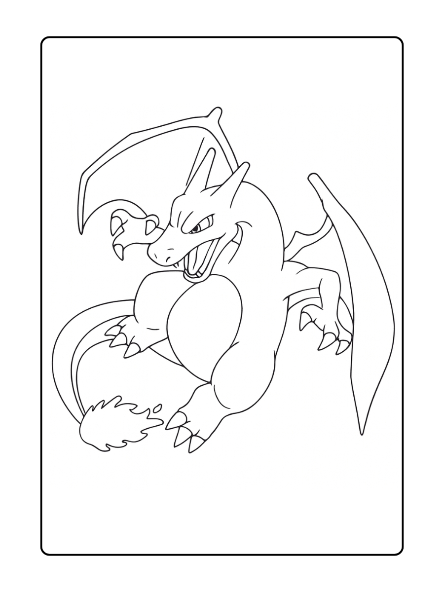 Kleurplaat Charizard vuurt vlammen terwijl hij met open vleugels naar voren springt in een krachtige aanvalshouding