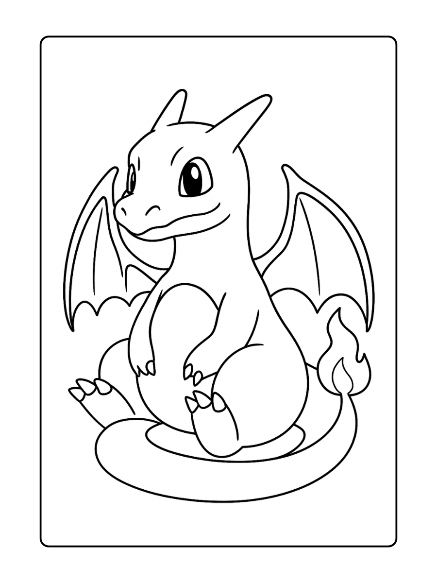 Kleurplaat Charizard zit rustig met zijn staart om zijn lichaam gewikkeld