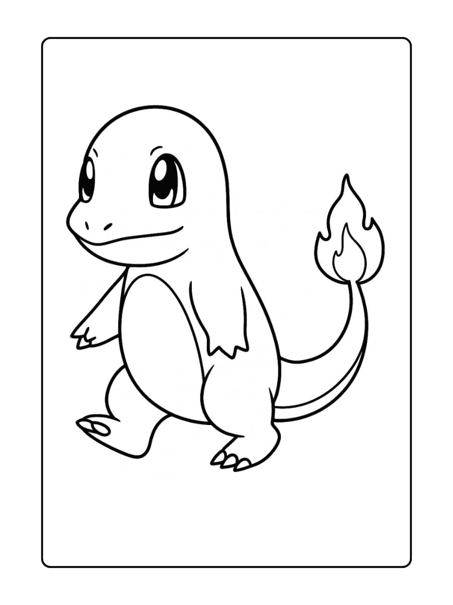 Charmander loopt langzaam vooruit met zijn vlam zachtjes brandend
