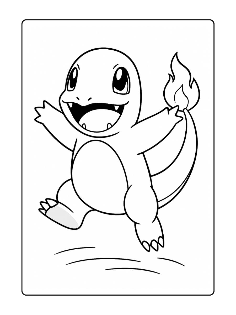 Charmander springt in de lucht met open armen en brede glimlach