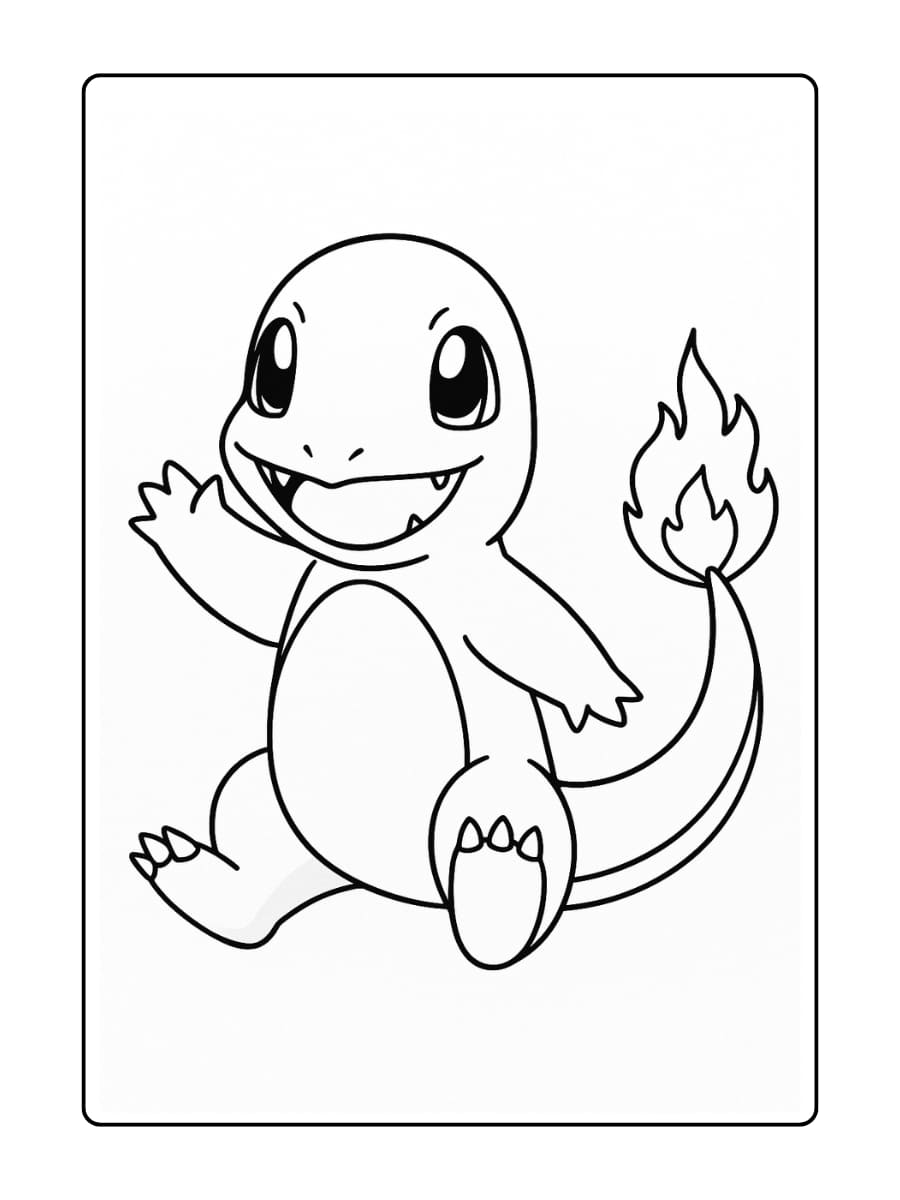 Charmander zit met een grote glimlach en houdt één poot omhoog