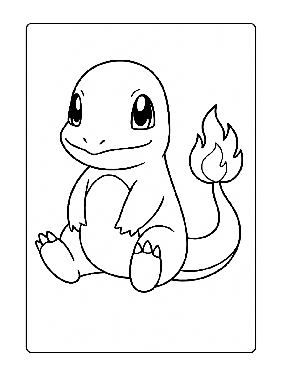 Charmander zit vredig met zijn staart, waarvan het uiteinde in vuur staat, om zich heen gekruld – klaar voor jonge trainers om zijn vlam tot leven te brengen