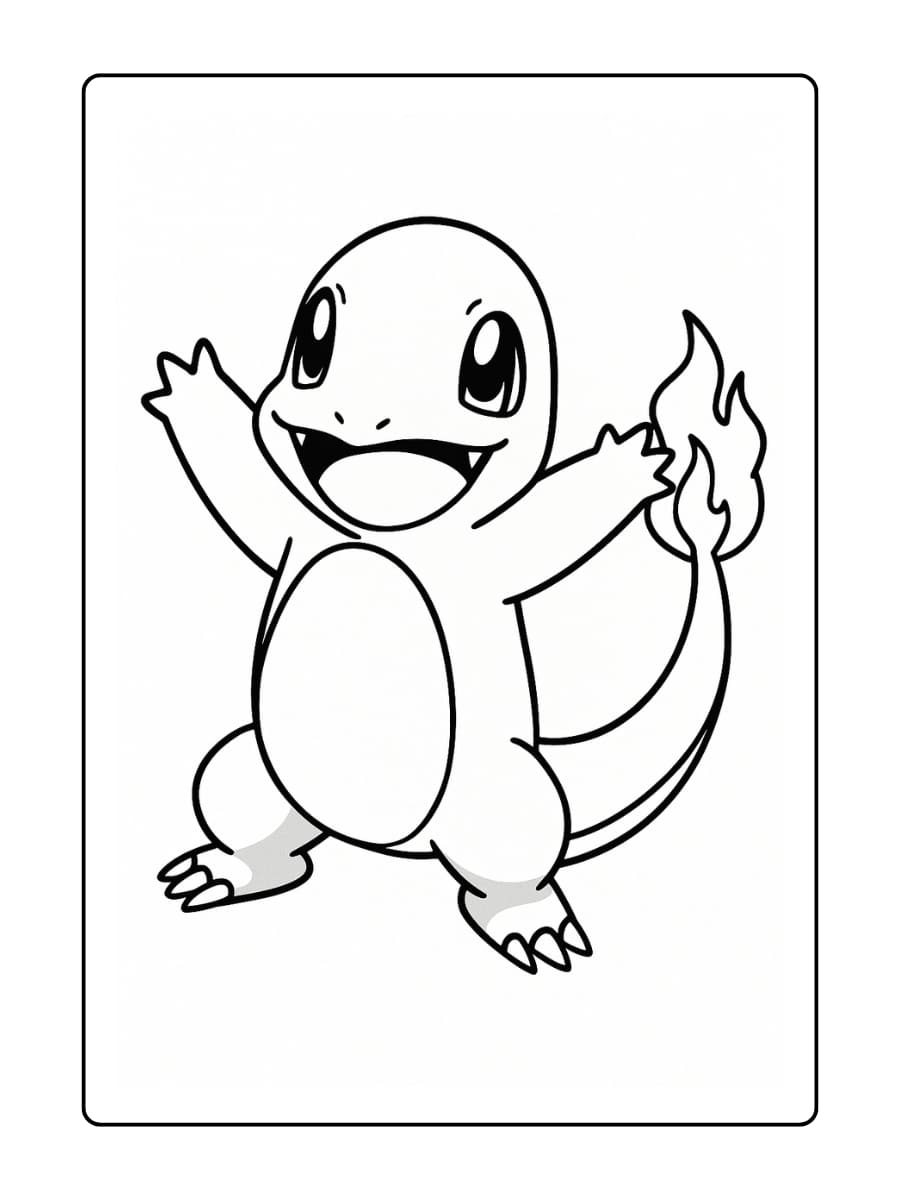 Charmander zwaait met beide armen en kijkt enthousiast naar voren