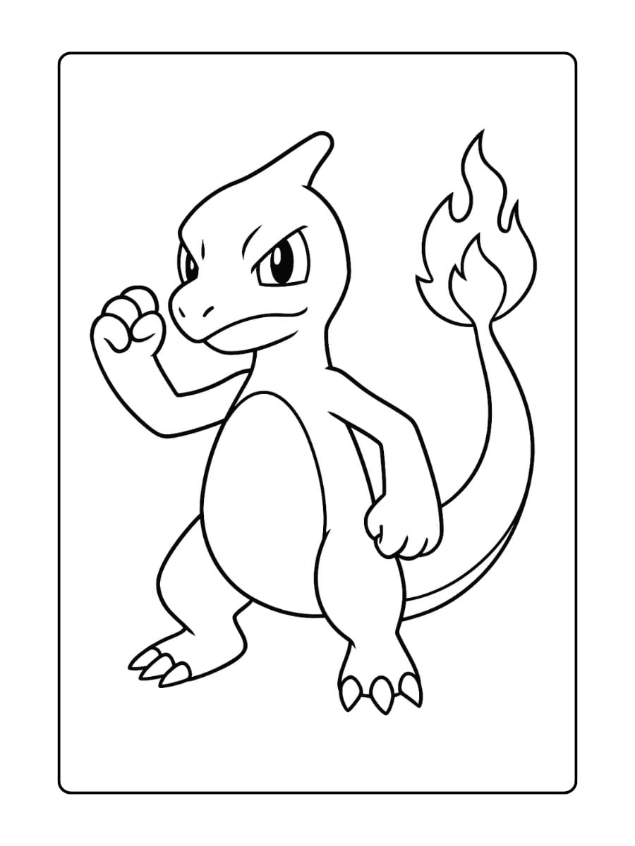 Charmeleon staat stevig met zijn vuist omhoog en vlamstaart brandend