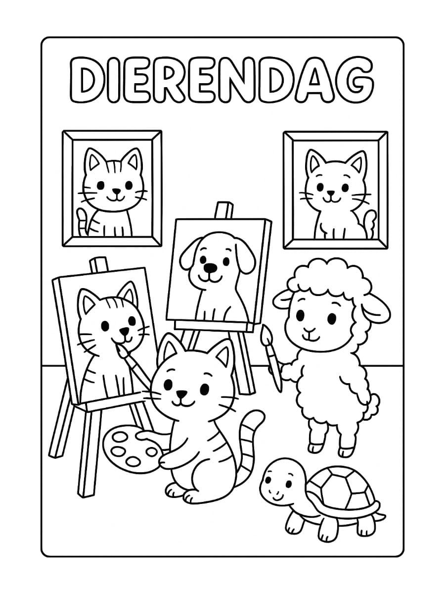 Creatieve Dierendag kleurplaat van dieren die schilderijen maken van elkaar in een kunstgalerij
