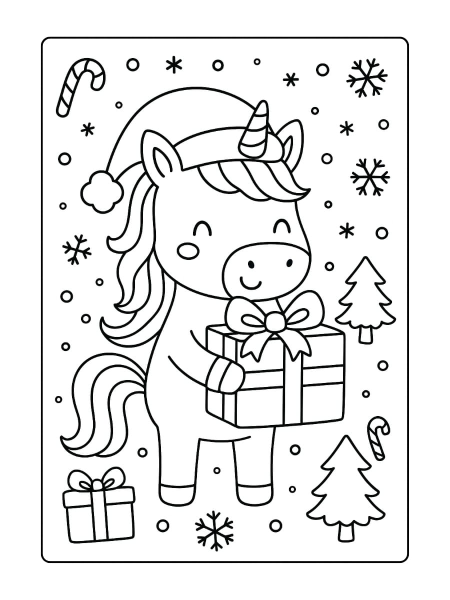 De eenhoorn draagt een pluizige kerstmuts en presenteert een groot ingepakt cadeau met een strik