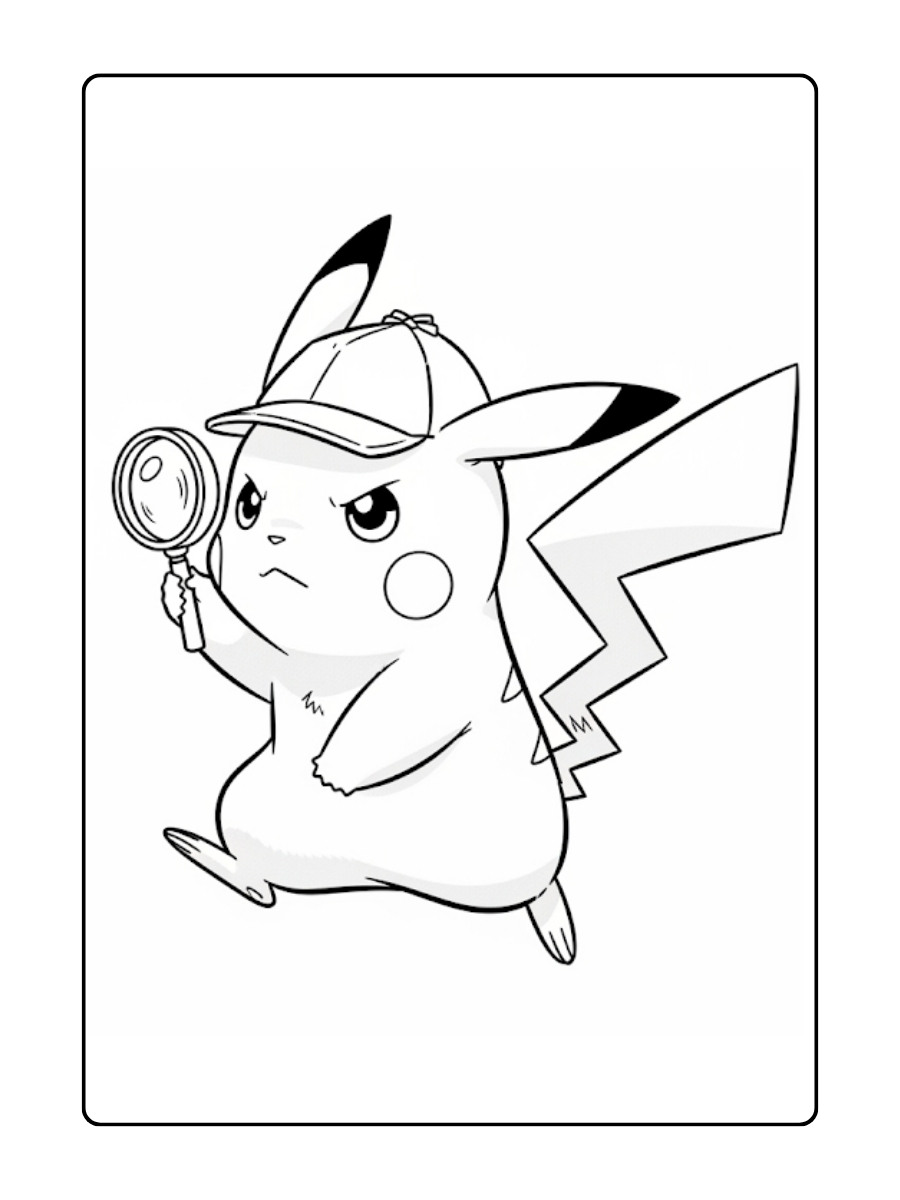 Detective Pikachu kleurplaat rent met een vergrootglas in zijn poot