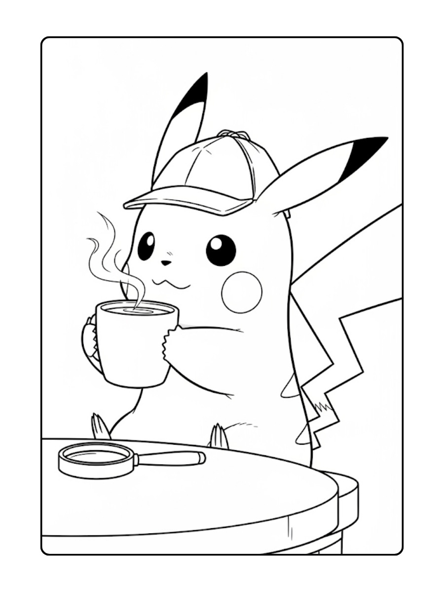 Detective Pikachu kleurplaat zit aan tafel en drinkt een kopje hete koffie
