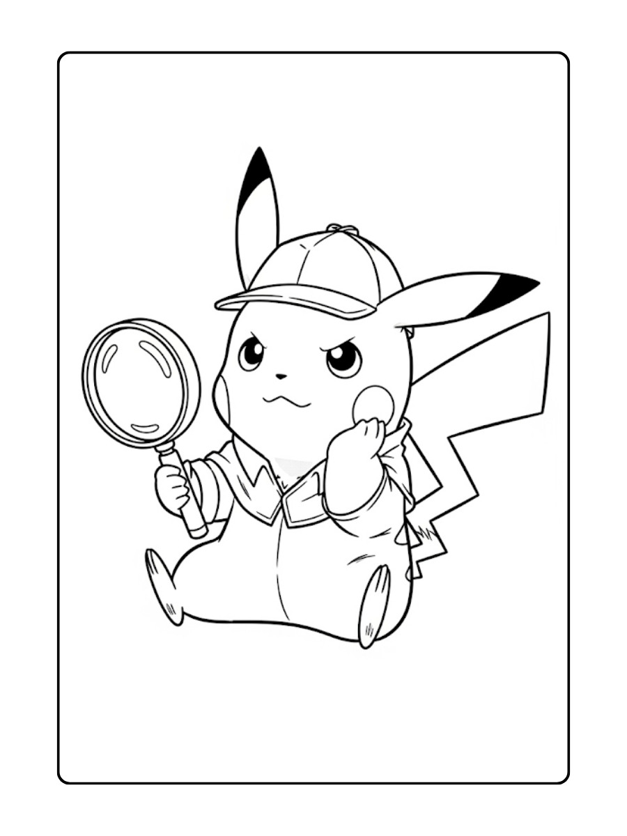 Detective Pikachu kleurplaat zit op de grond, draagt zijn kenmerkende hoed en houdt een vergrootglas vast