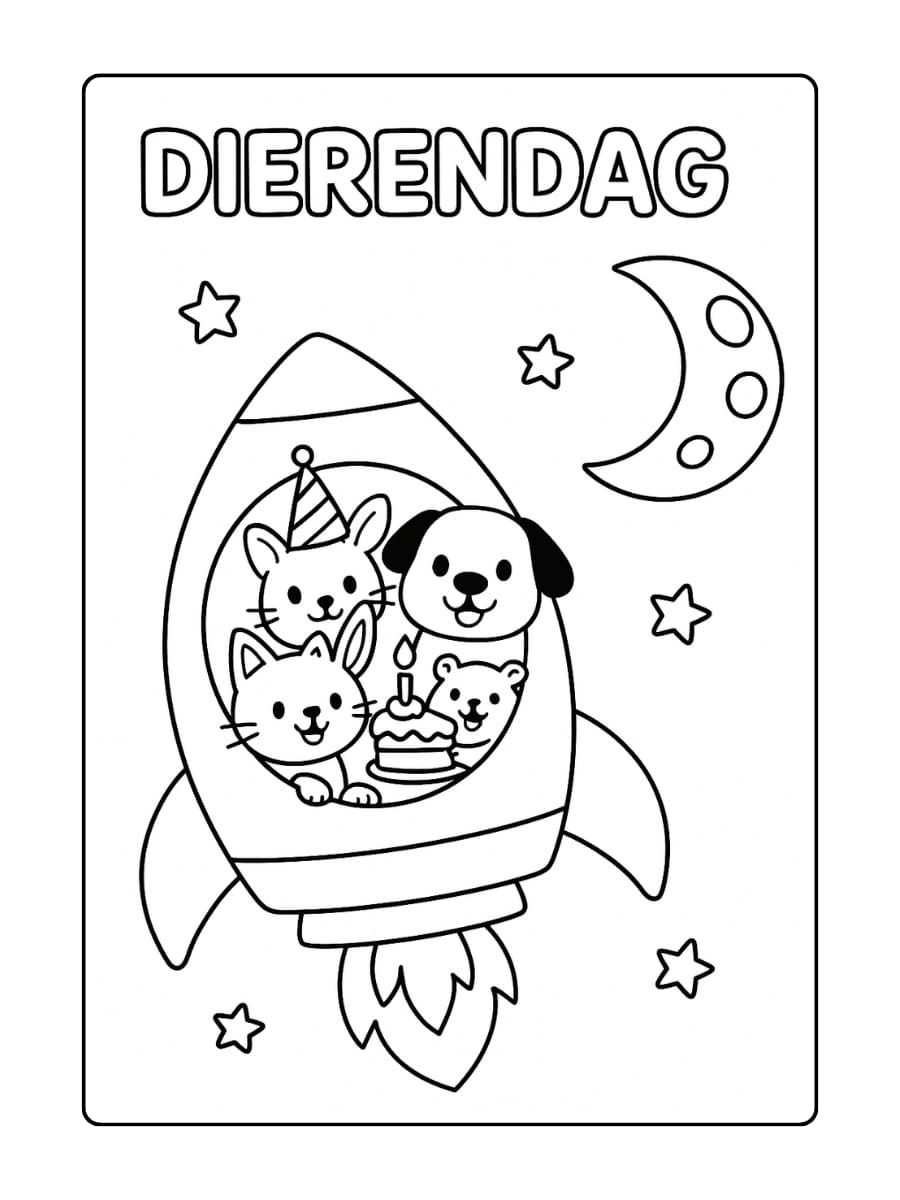 Dierendag kleurplaat met dieren die samen in een raket naar de maan reizen om feest te vieren