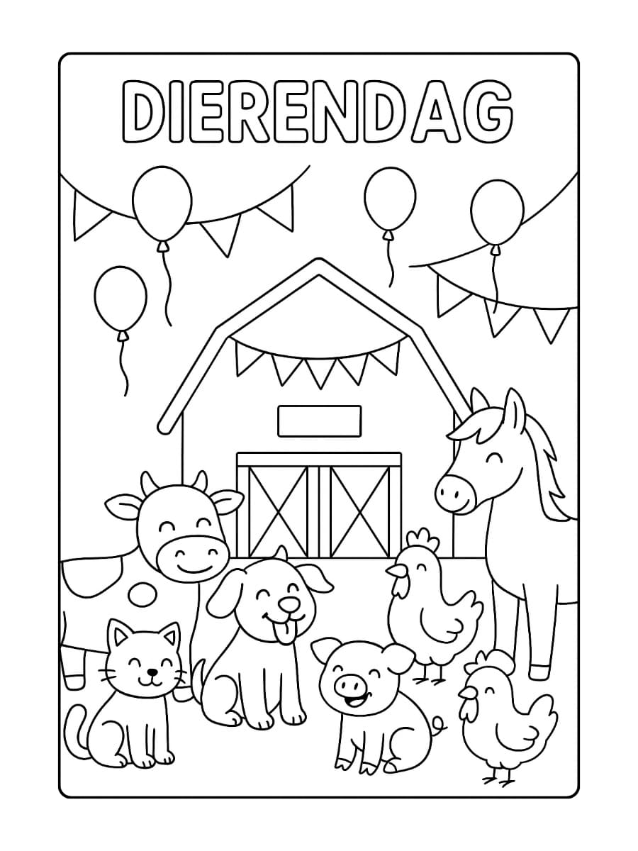Dierendag kleurplaat met een boerderij vol dieren die samen feest vieren met ballonnen en slingers