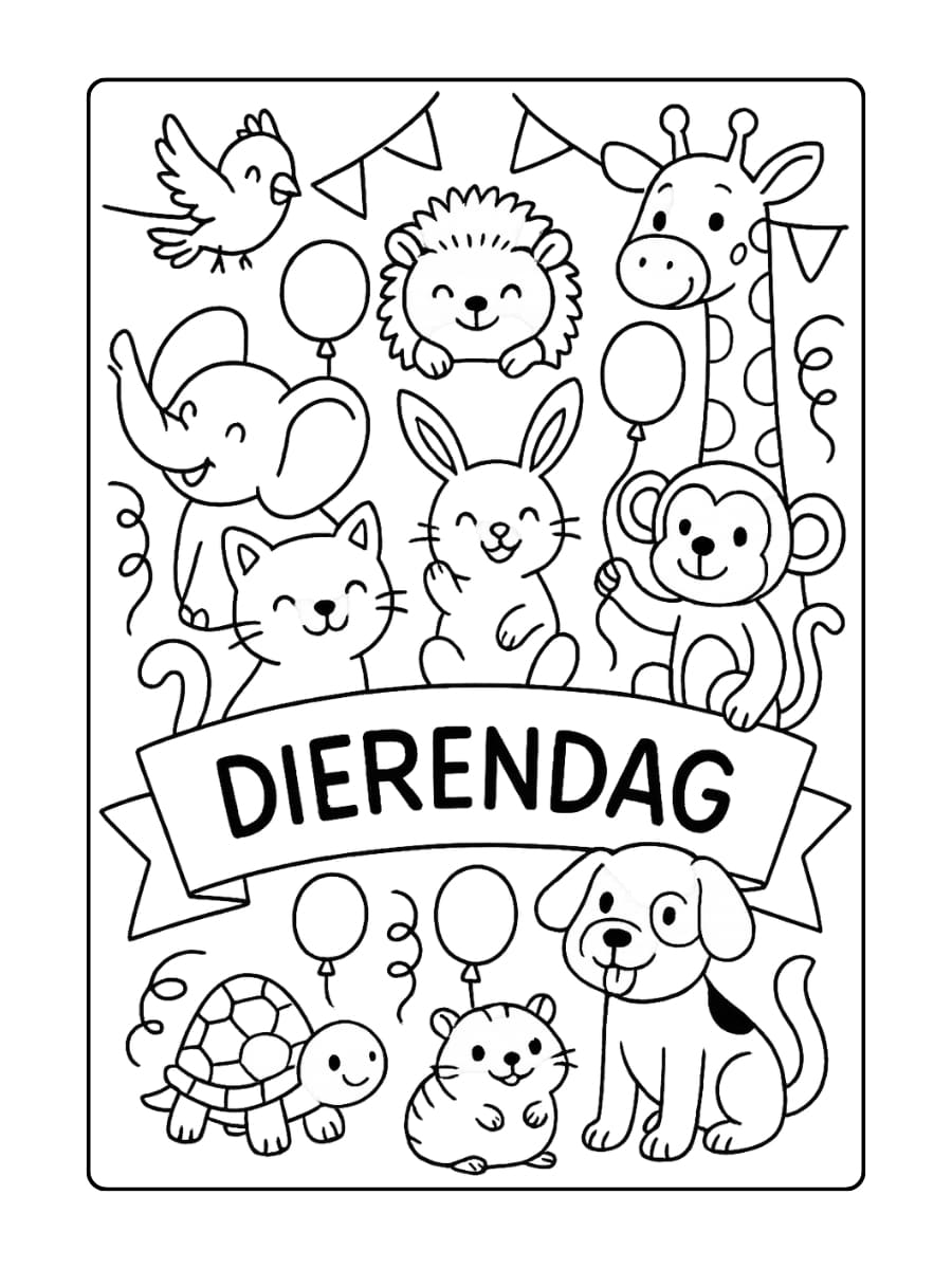 Dierendag kleurplaat met een schattige bandoek waarop het woord “Dierendag” staat, omringd door veel verschillende dieren die samen vrolijk feestvieren met ballonnen en slingers