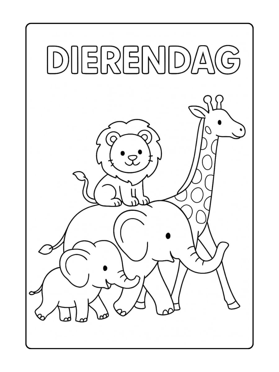 Dierendag kleurplaat van een dierentuin waar olifanten, leeuwen en giraffen samen een parade houden
