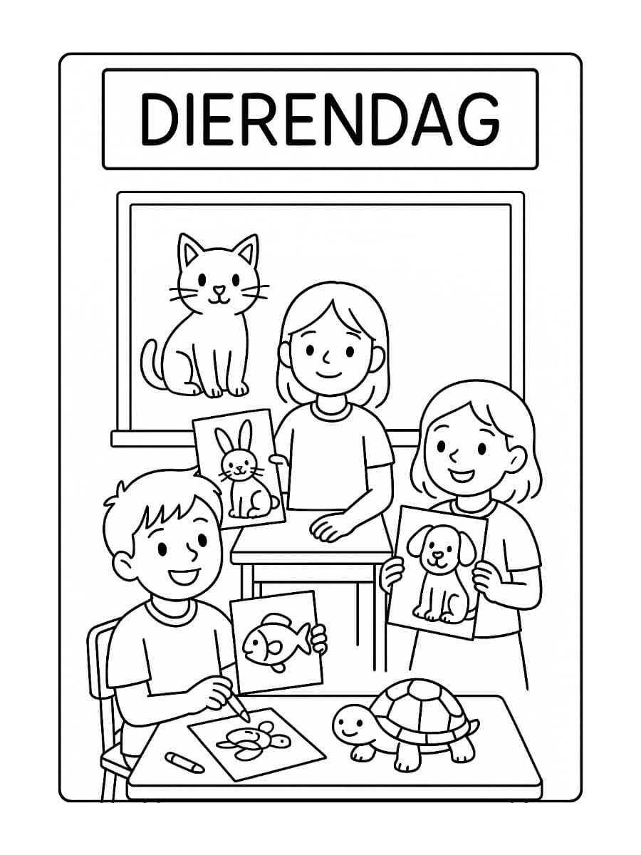 Dierendag kleurplaat van een schoolklas waar kinderen hun favoriete dier tekenen en laten zien