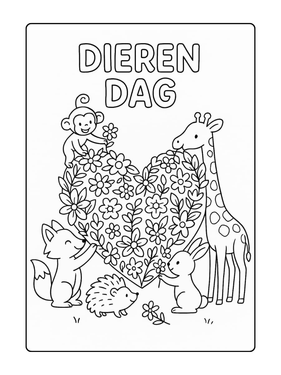 Dierendag kleurplaat waarop dieren samen een gigantisch hart van bloemen bouwen in het bos