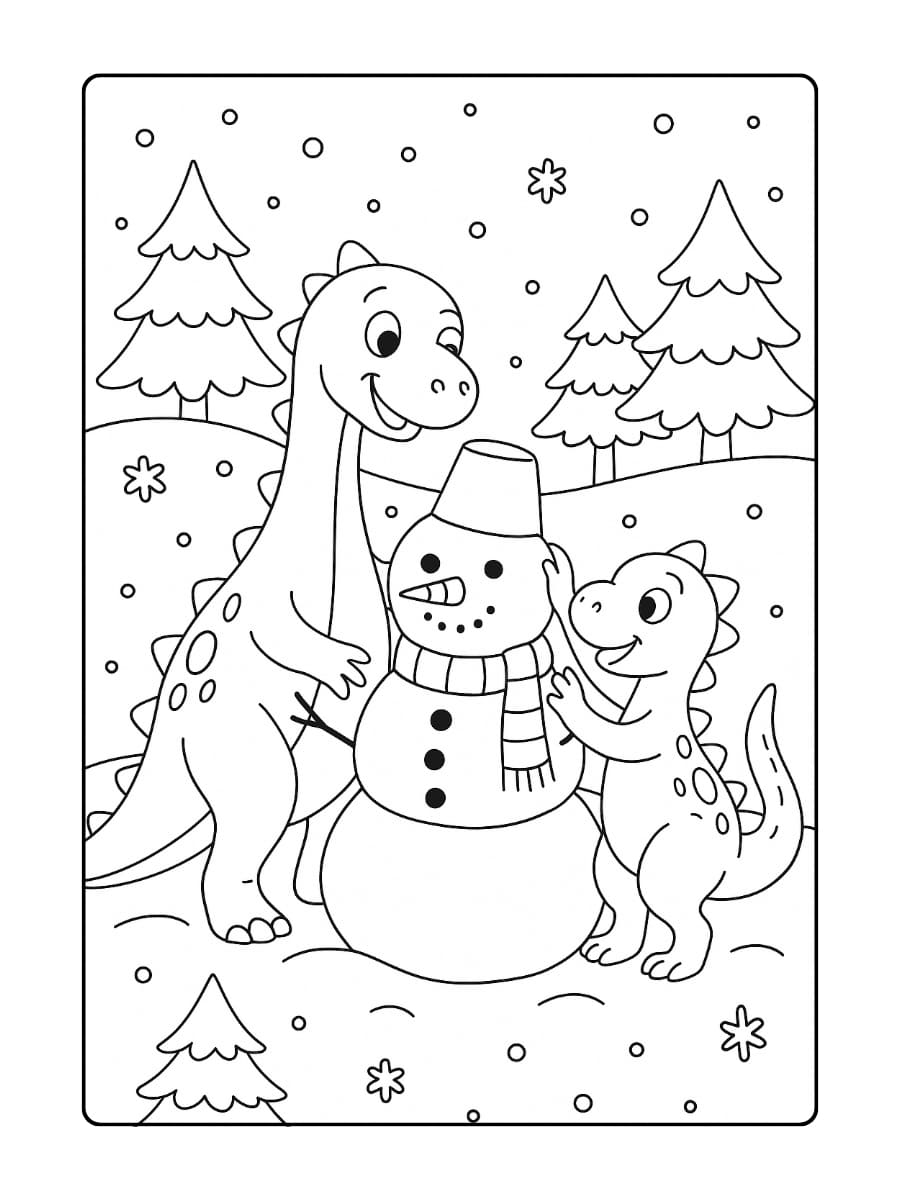 Kleurplaat Dinosaurussen die samen een sneeuwpop maken in een winterlandschap