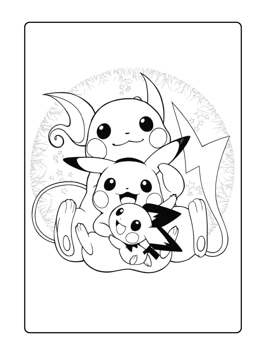 Kleurplaat drie schattige Pokémon, Pichu, Pikachu en Raichu, zitten knus samen en glimlachen vrolijk