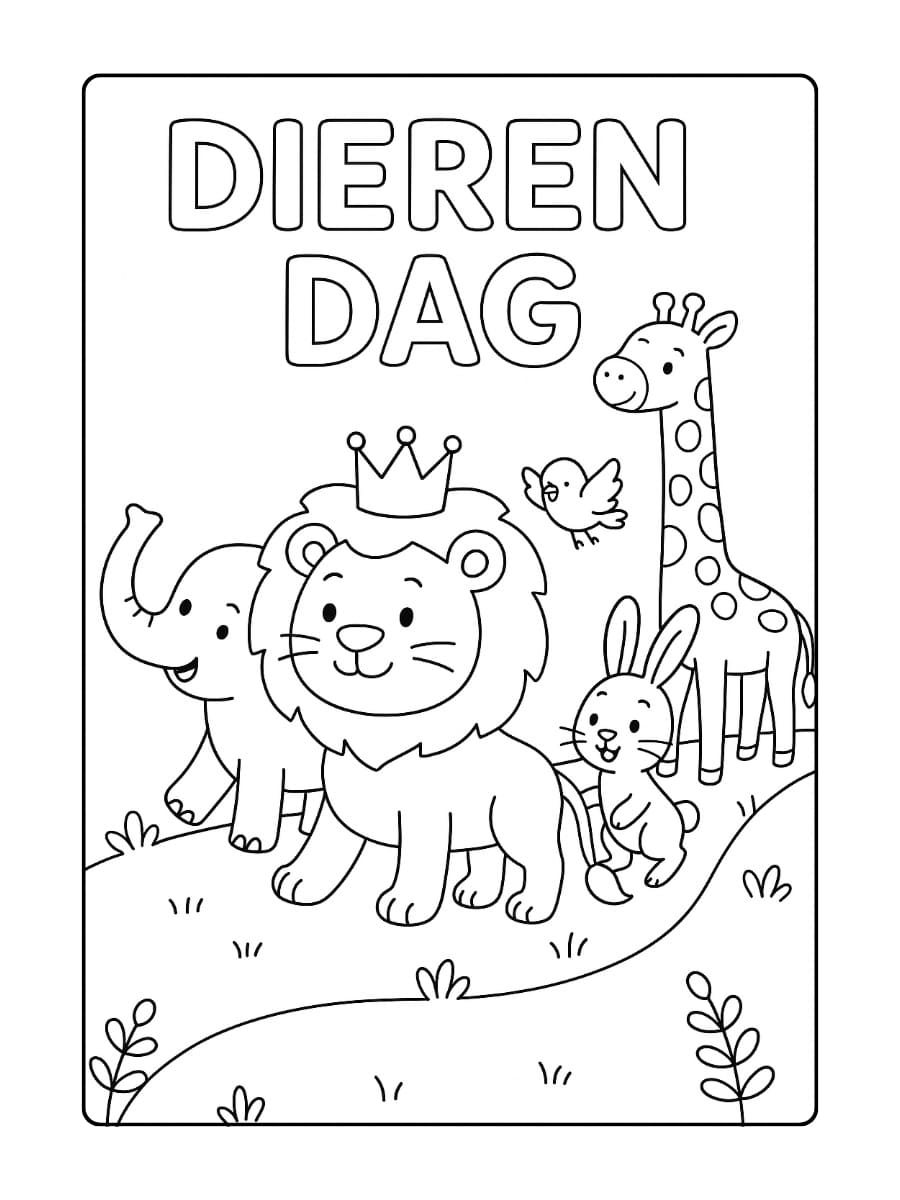 Een Dierendag kleurplaat waarop een leeuw met een gouden kroon de dierenparade door het bos leidt