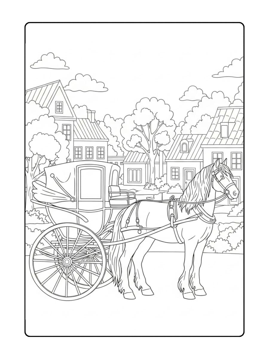 Kleurplaat Fries paard voor een klassieke koets, klaar voor een rit door het dorp