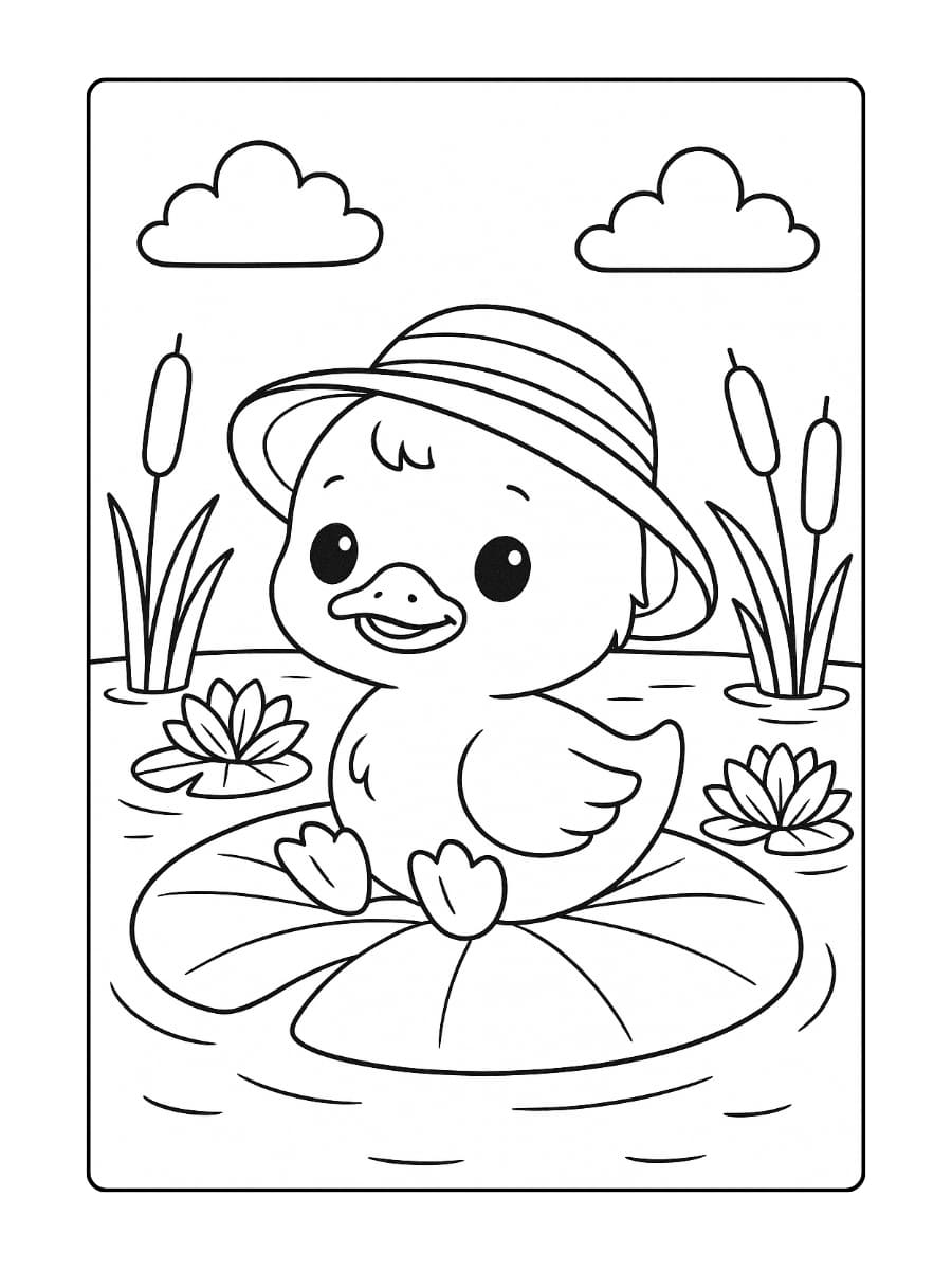 Schattige dieren kleurplaat - Een baby eendje met een zonnehoedje, drijvend op een waterlelie in een vijver
