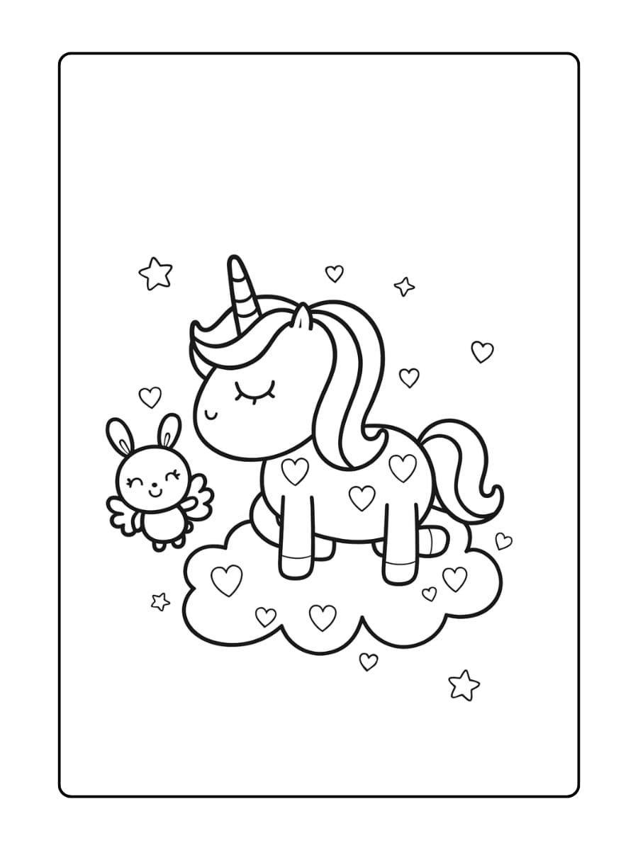 Een baby unicorn die huilt maar omringd is door schattige wolkjes