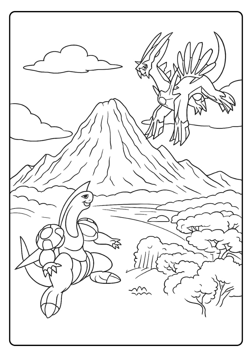 Een episch gevecht tussen twee Pokémon Legendary boven een vurige berglandschap