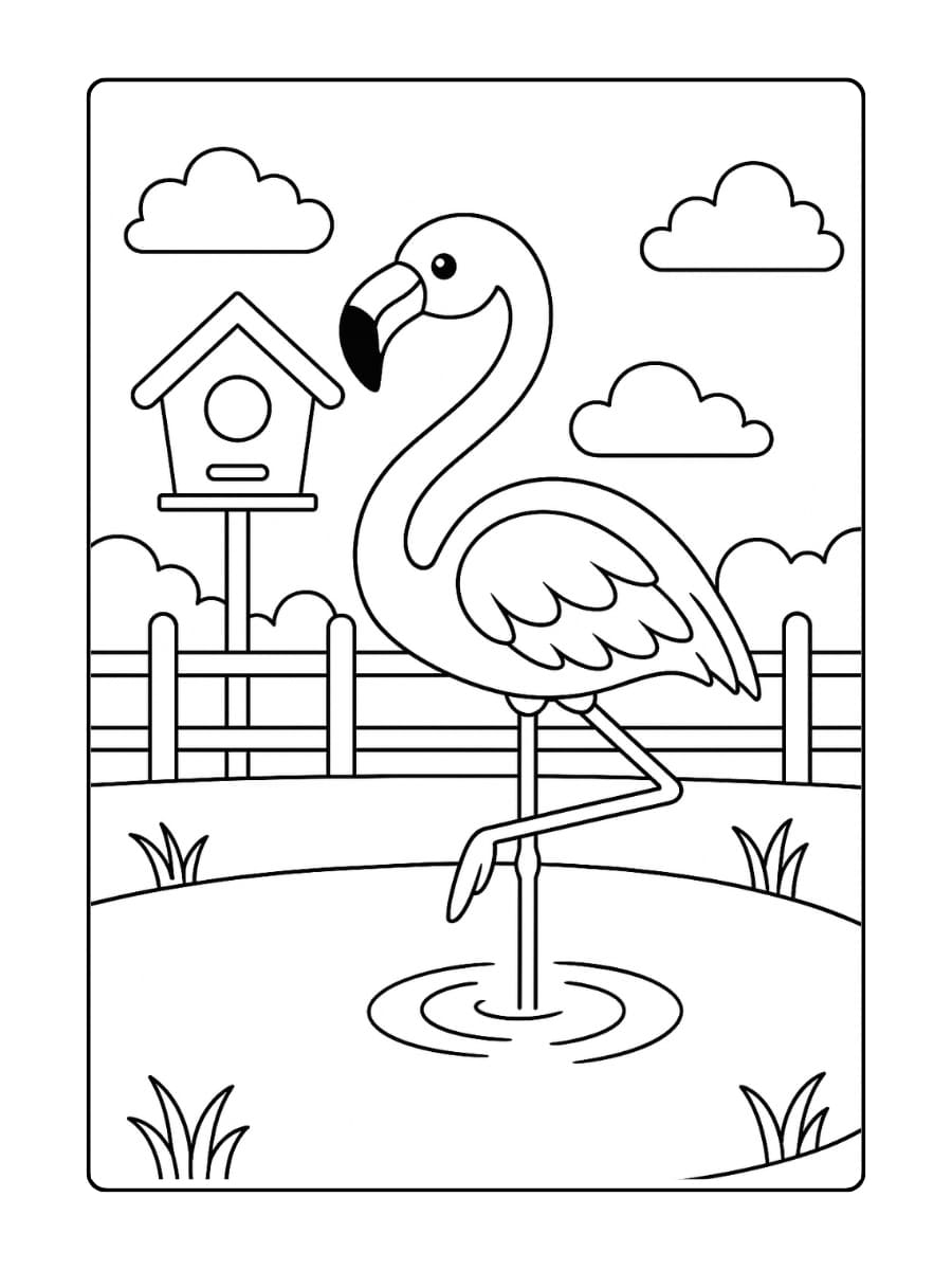 Kleurplaat dierentuin - Een flamingo die met één poot in het water staat bij het vogelverblijf