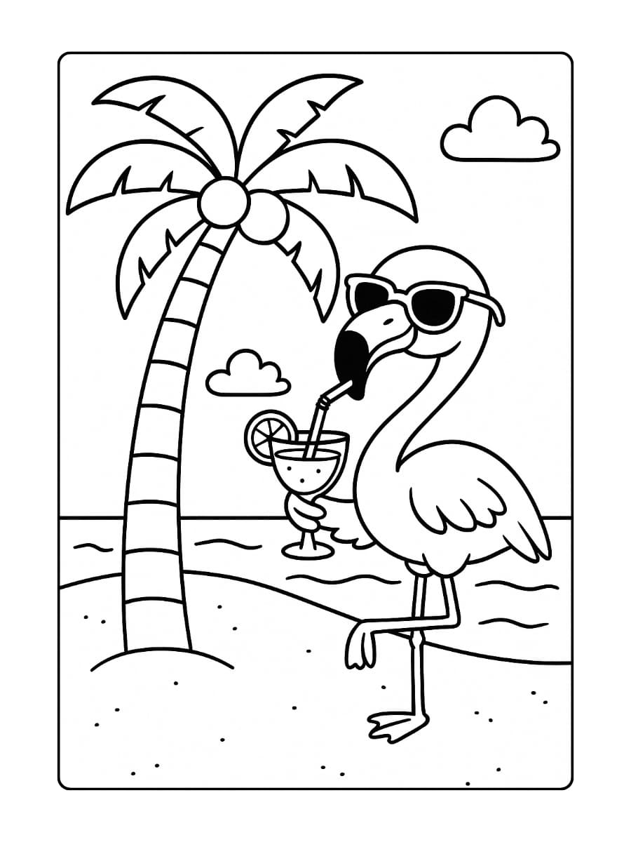 Schattige dieren kleurplaat - Een flamingo met een zonnebril die een cocktail drinkt onder een palmboom op het strand