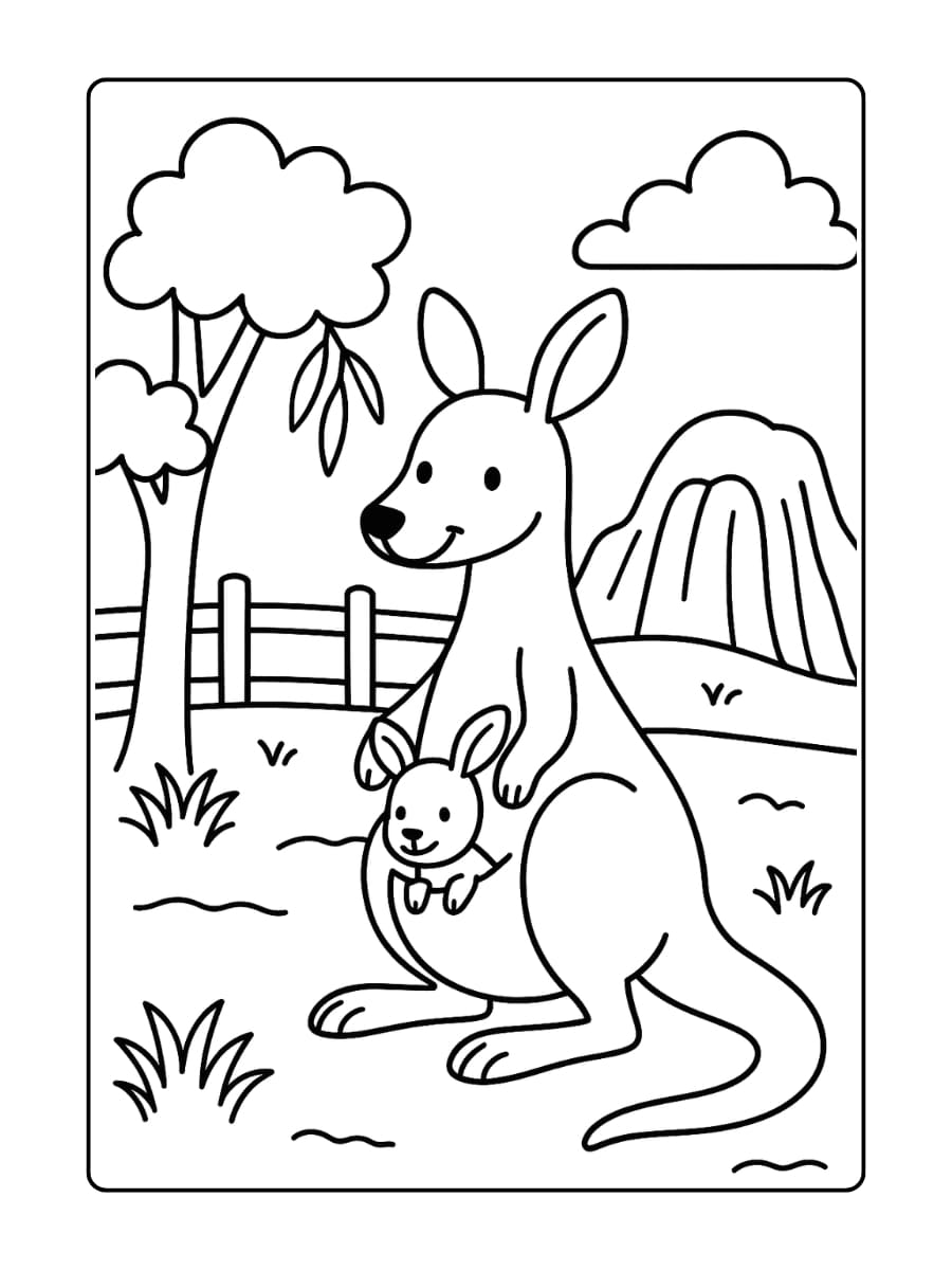 Kleurplaat dierentuin - Een kangoeroe met een jong in haar buidel in het Australische deel van de dierentuin