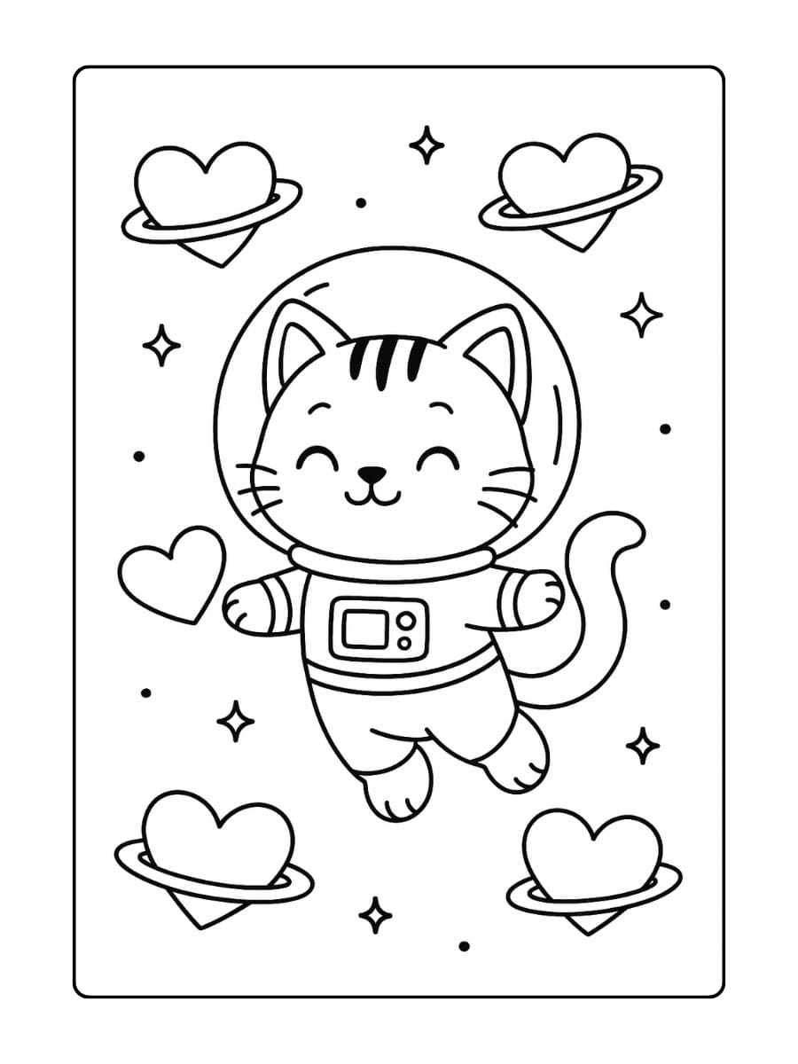 Schattige dieren kleurplaat - Een kitten verkleed als astronaut die zweeft tussen planeten in de vorm van hartjes
