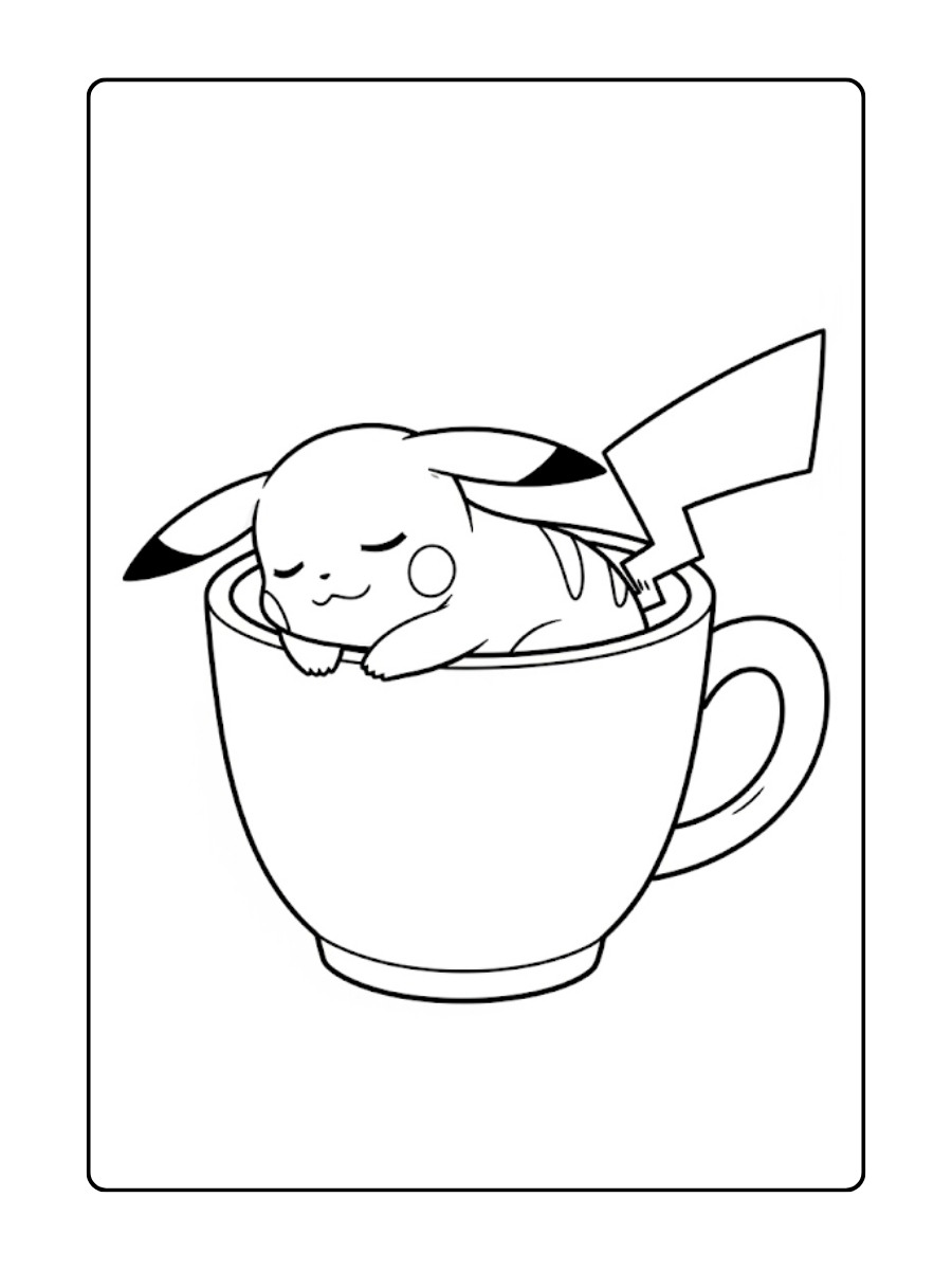 Kleurplaat Pikachu slaapt in een mok