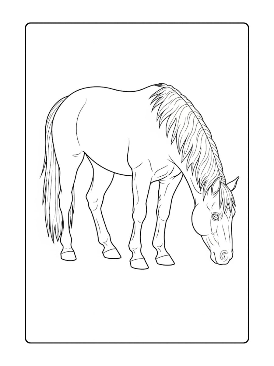 Een kleurplaat van een grazend paard