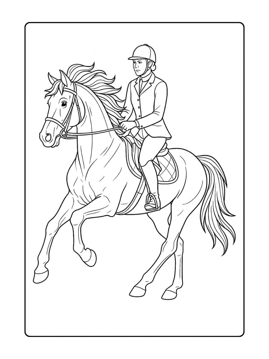 Een kleurplaat van een paard met ruiter in galop, met wapperende manen en een strakke houding van de ruiter
