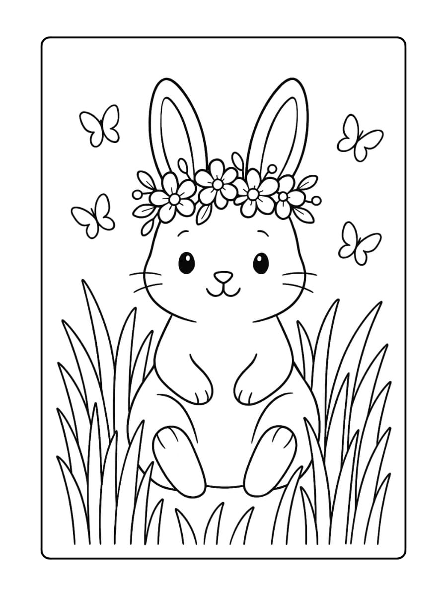 Schattige dieren kleurplaat - Een konijn met een bloemenkrans om zijn hoofd, zittend in hoog gras vol vlinders