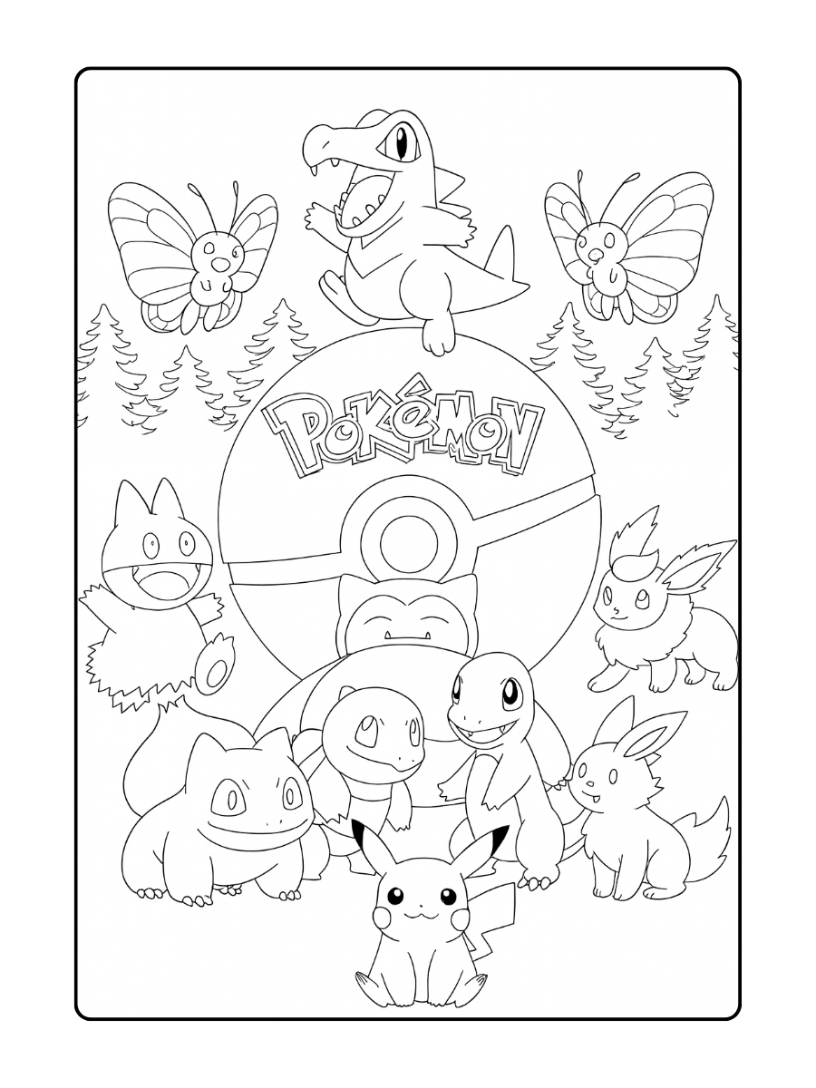 Een leuke kleurplaat met allerlei schattige Pokémon rondom een grote Pokébal – ideaal om in te kleuren!