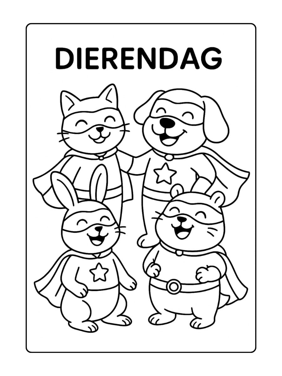 Een magische Dierendag kleurplaat met dieren die verkleed zijn als superhelden en samen lachen