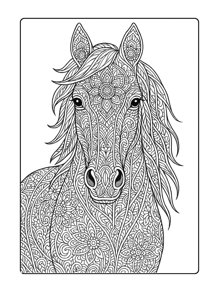 Kleurplaat mandala paard met gedetailleerde patronen in de oren en ogen voor extra moeilijkheidsgraad (2)