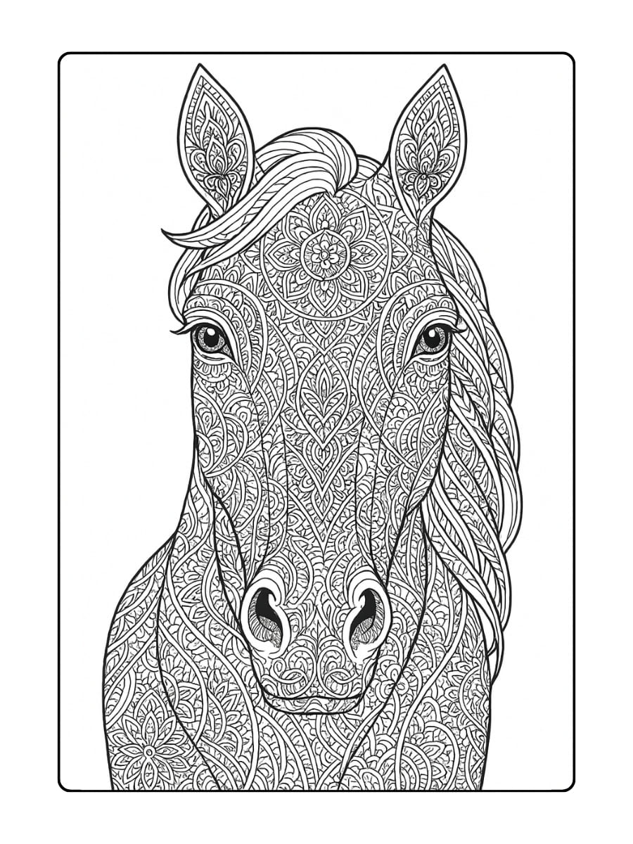 Kleurplaat mandala paard met gedetailleerde patronen in de oren en ogen voor extra moeilijkheidsgraad